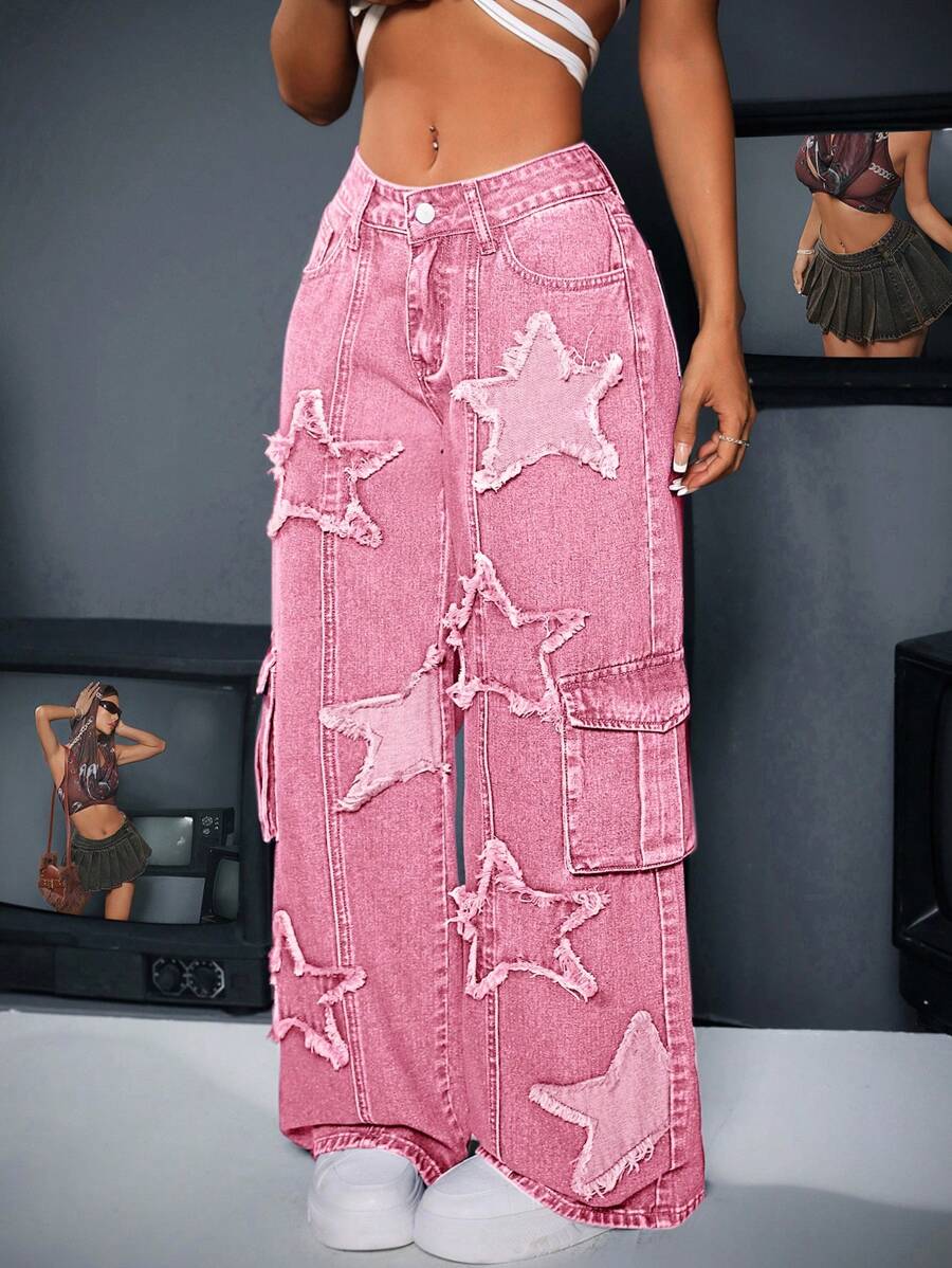 SHEIN ICON 女式前扣口袋五角星磨边下摆休闲牛仔裤 - 粉色 - 查看 1