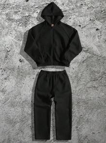 Forever 21 Bộ quần áo nỉ và áo hoodie hộp rộng rãi có khóa kéo cho nam hai món, trang phục mùa thu - màu đen - Xem 5