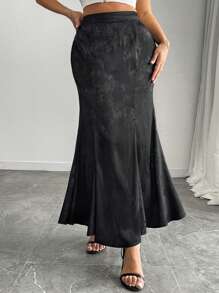 Vionelle 大码优雅缎面提花美人鱼下摆半身裙 - 黑色 - 查看 5