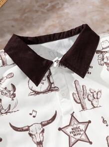 SHEIN Young Boys 2pcs Sets 2025 Spring & Summer Wildeya New Styles: Fashion Gentleman Casual Western Print Color Block Polo Shirt & Bib Shorts Set, Suitable For Outdoor Activities, Daily Wear, Ranch Theme Parties