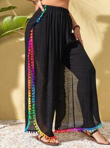 Swim Lushoire Plus Size Women Colorful Tassel Trim Side Slit Modest Beach Casual Long Cover Up Pants, For Summer Vacation - Black - View 4