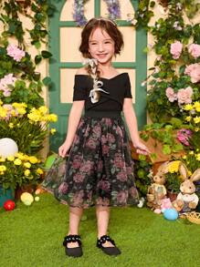 Young Girls 2pcs Knitted Solid Color Off Shoulder Top And Woven Ditsy Floral Skirt Set, Young Girl