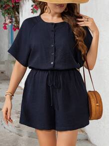 SHEIN LUNE Plus Size Women Summer Solid Color Tie Waist Short Sleeve Jumpsuit, Vacation Style, Chinese Style, Suitable For Loungewear Or Outerwear, Cooling Dress, Stress Relief Outfit, Elegant Fashion Long Gown