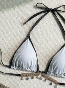 Soleia 2 bộ bikini trang trí dây kim loại màu tương phản đen trắng cổ chữ V cho kỳ nghỉ của phụ nữ, ngày lễ tình nhân, đồ bơi cho phụ nữ, quần áo ngày lễ tình nhân, trang phục kỳ nghỉ cho phụ nữ, trang phục bãi biển cho phụ nữ cho kỳ nghỉ bãi biển mùa hè - Đen và trắng - Xem 3