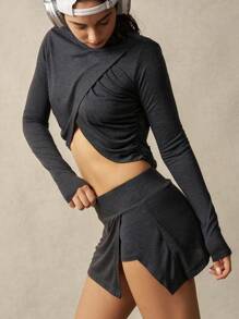 VARSITIE Workout Sets Women Solid Color Cropped Long Sleeve T-Shirt And Skort Sports Suit
