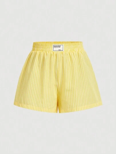 SHEIN MOD 女式黄色和白色条纹腰带字母装饰松紧腰短裤