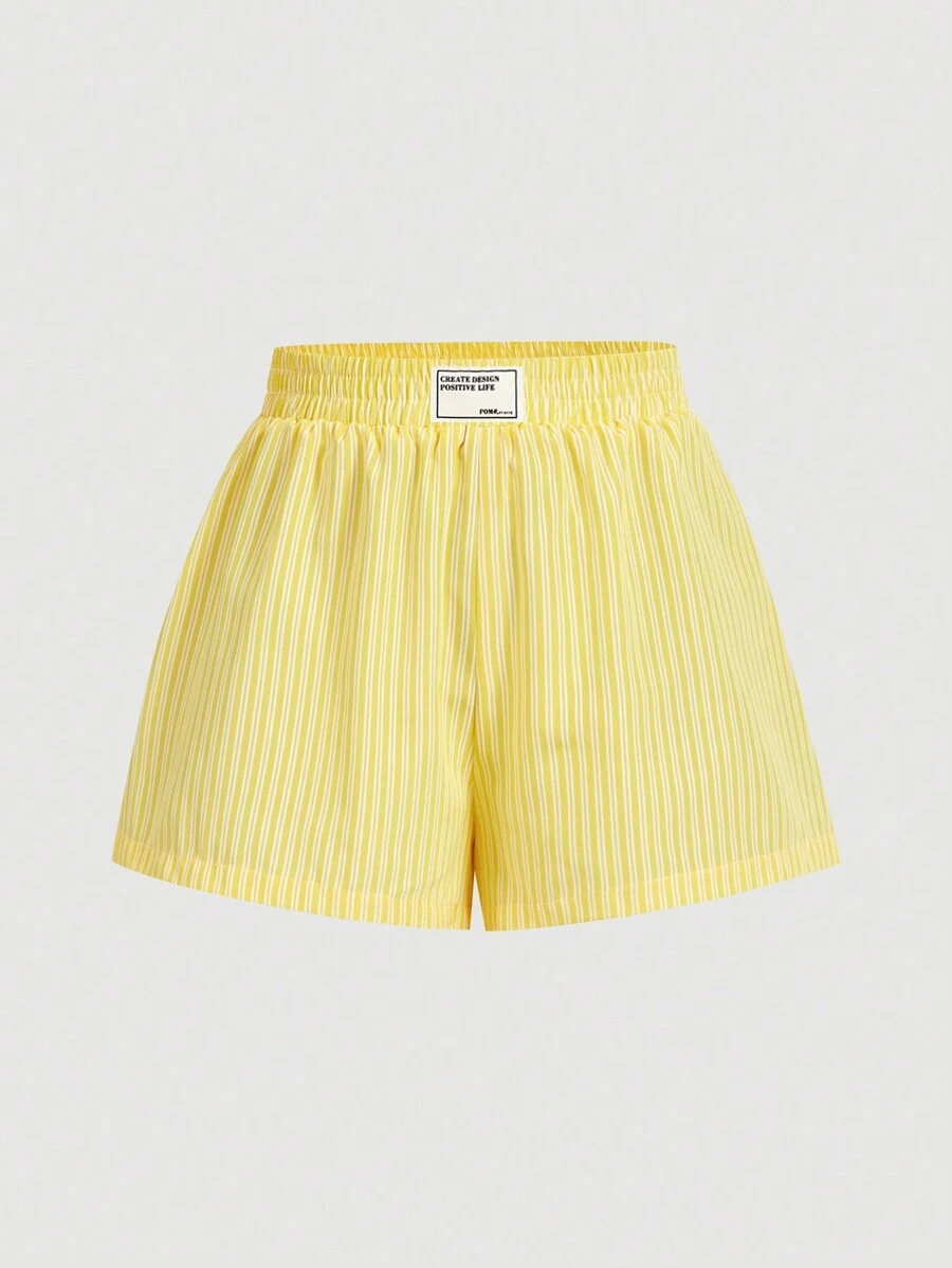 SHEIN MOD Women's Yellow & White Striped Waistband Letter Decor Elastic Waist Shorts - Yellow - View 1