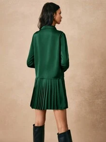 Poéselle Button Front Satin Blouse & Pleated Skirt - Dark Green - View 2
