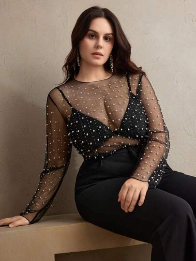  Anewsta Transparent Mesh Women's Plus Size Long Sleeved Summer Rhinestone Pearl Top Spring Outfits For Women