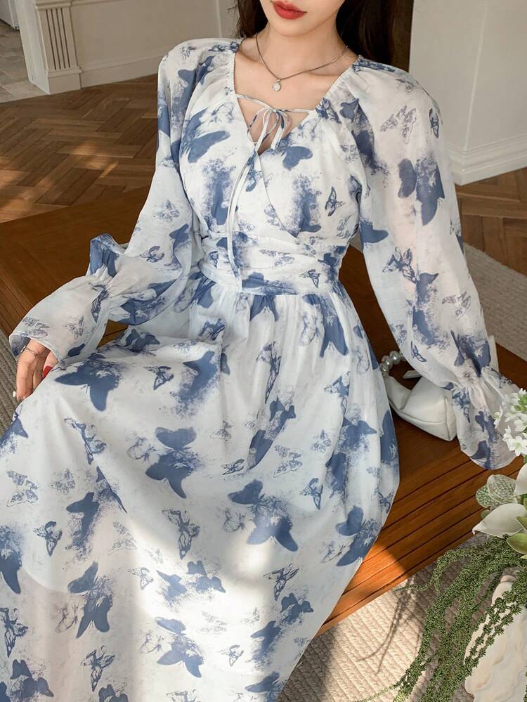 Women's Long Floral Print Drawstring Waist Dress, Butterfly Decor, Holiday & Beach Style, Spring/Summer Draped Dress Women Dresses Vacation Women Dresses Elegant Gown Party Women Dresses Boho