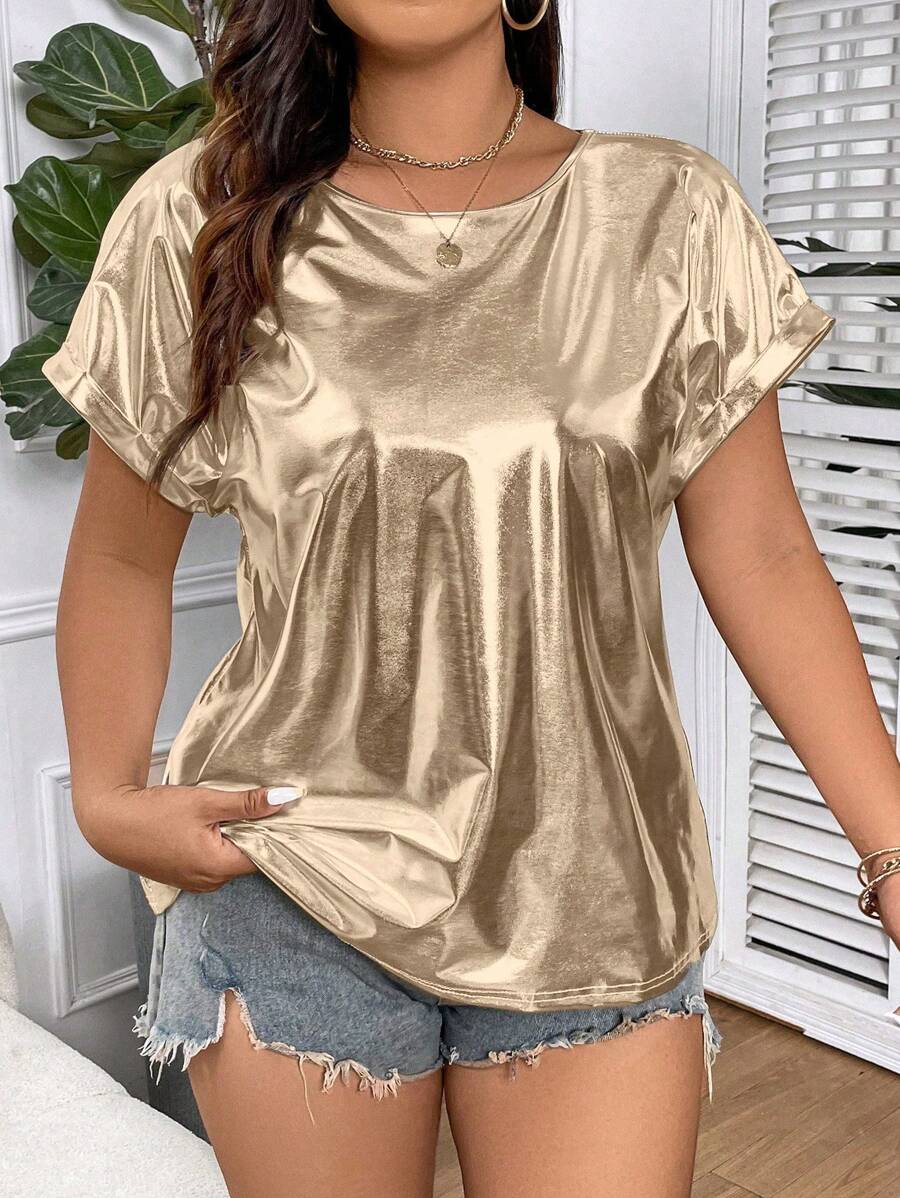 Calvaya 大码时尚金属蝙蝠袖 T 恤，夏季金色上衣 - 金色 - 查看 1