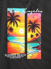 2pcs/Set Tween Boys Beach Holiday West Coast Graphic Print Round Neck Short Sleeve T-Shirt And Drawstring Sports Shorts, Spring/Summer