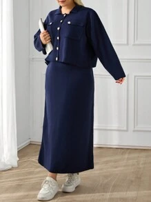 SHEIN Cottnline Women Solid Color Front Button Pocket Detailed Collar Neck Cardigan & Sweater Skirt Set - Navy Blue - View 5
