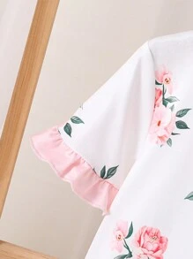 年轻女孩花卉印花荷叶边休闲长睡袍，舒适家居服 - 粉色 - 查看 4