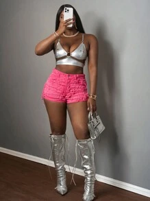 Slaydiva Nuevos shorts vaqueros de estilo retro de color rojo rosa para mujer, de uso casual y calle en primavera y verano
