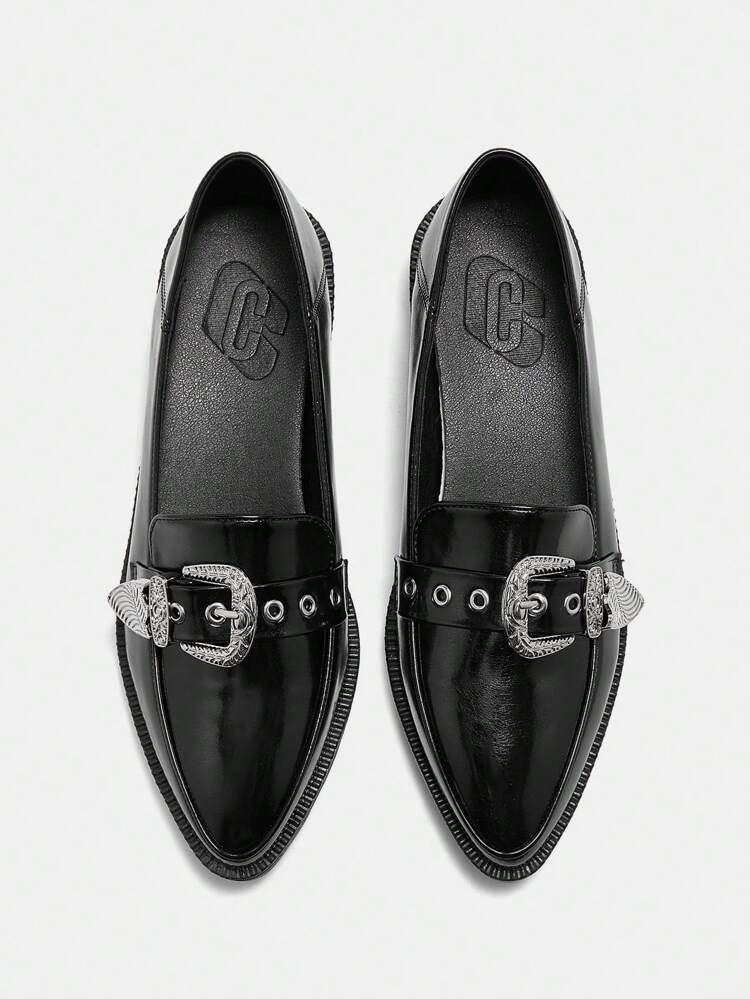 CUCCOO CURVES Plus Size Wide Fit Platform Thick Bottom Pointy Toe Solid Black High Vamp All Season Lace Up Oxfords Loafers For Women