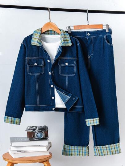 SHEIN Vintage gewaschenete Denim Jacke und gerade geschnittene Jeans Set für Teenager Jungen, Lässig Denim Anzug mit kariiertem Kragen