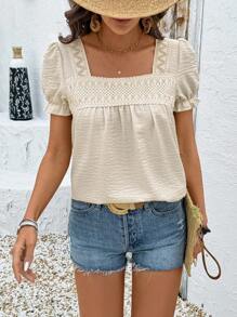 Breezaya Áo sơ mi babydoll cổ bèo nhún màu trơn cho nữ, trang phục thường ngày và ngày lễ, tay ngắn - Màu be - Xem 5