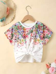 SHEIN تي شيرت فضفاض مطبوع بزهور مكشكش في الأطراف للفتيات المراهقات