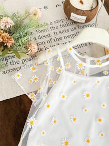 LMoss Kids Young Girl Ditsy Floral Mesh Round Neck Cropped T-Shirt - White - View 4