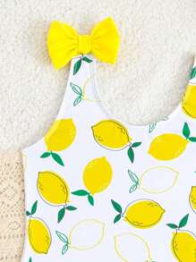 Young Girls Lemon Print One-Piece Swimsuit,Ruffle Trim Soft Knitted Swimwear With Bow Accent For Summer Beach Holiday And Family Vacation - Yellow - View 3