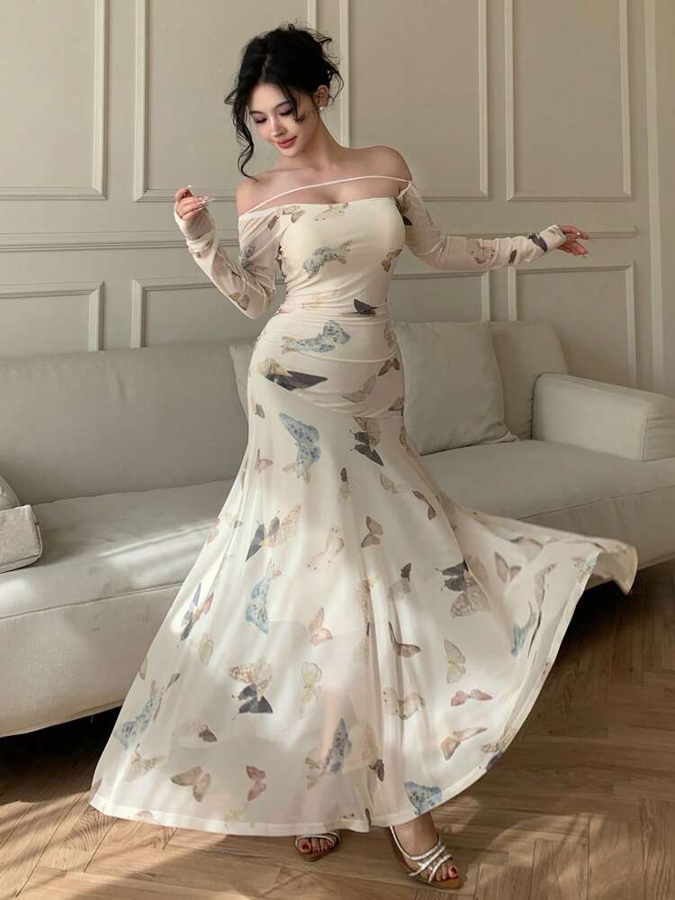 Women's Butterfly Print A-Line Midi Dress With Front Tie Up And Off Shoulder, Vacation Dress Fall,Ruffle Floral