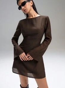 LYSMO Backless Tie-Back Bell Sleeve Mini Dress- Spring/Summer Vacation-2025New Arrival - Coffee - View 6