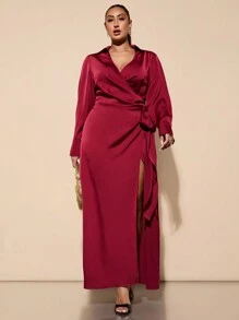 SHEIN BAE Plus Size Women Spring/Summer Wine Red Wrap Tie Long Slit Dress - Burgundy - View 3
