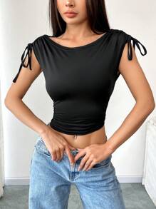 SHEIN Unity Women Solid Color Lace-Up Close-Fitting Minimalist Casual Top, Everyday Wear, Black, For Going Out - Black - View 5