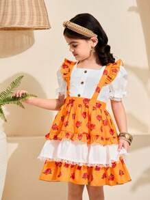 SHEIN Leap Crew Conjunto de 2 Peças: Top Branca com Manga Bufante para Meninas Jovens e Vestido Salopete com Estampa de Rosas Amarelas, Adequado para Férias, Uso Diário, Festa, Adorável Princesa