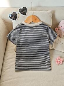 SHEIN Playful Pals Top de manga corta con diseño de rayas contrastantes, cómodo y versátil, para bebé niña - Negro - Ver 2