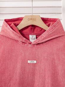 SHEIN Tween Boy 2pcs/Set Y2k Fashion Casual Patch Details Design Comfortable Soft Micro Elastic Red Denim Sleeveless Hooded T-Shirt Top And Comfortable Soft Loose Five Quarter Denim Boy Shorts For Kids Clothes Boys Soft Dailywear And Kids Summer And Spring Clothes - Rose Red - View 5