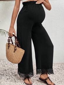 SHEIN Maternity Elastic Waist Flared Leg Solid Color Frill Trim Simple Casual Pants, For Daily Wear - Black - View 7