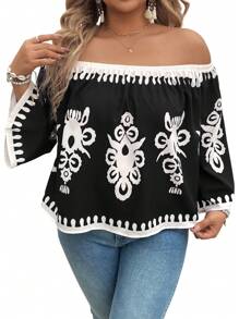 SHEIN LUNE Contrast Color Print Off-Shoulder Flared Sleeve Plus Size Blouse Summer Going Out Spring Outfits For Women Summer Boho Old Money Summer Outfits For Women St Patrick Day Outfit Easter Summer Outfits Spring Outfits For Women Beach Saint Patrick Easter Lounge Sets For Women Summer Vacation Outfits Woman Easter Rave Outfits Festival Boho Women Clothing Country Outfits Women Country Concert Outfit