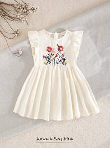 Cozy Pixies Baby Girl Plant & Floral Pattern Round Neck Sleeveless Waist Cinching Dress - Beige - View 2