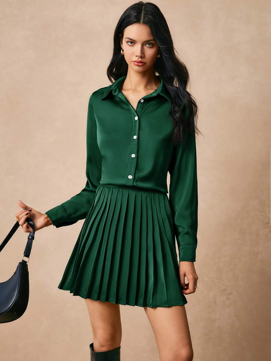 Poéselle Button Front Satin Blouse & Pleated Skirt - Dark Green - View 1