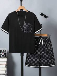 SHEIN 1 Set Tween Boy Black T-Shirt & Shorts 2 Pieces Outfit - Black - View 2