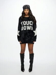 SUMWON WOMEN Sudadera de punto de invierno cálida y holgada, de estilo urbano casual, con manga larga, estampado de texto y fleece. Incluye pañuelo bandana - Negro - Ver 6