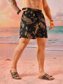 EASEVO Plus Size Men's Loose Casual Black Woven Shorts With Plant & Animal Prints