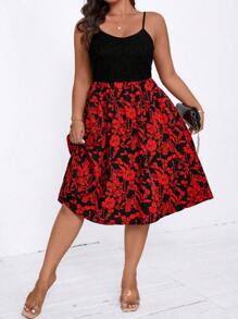 SHEIN Clasi Vestido casual con tirantes para mujer de talla grande con estampado floral y parches