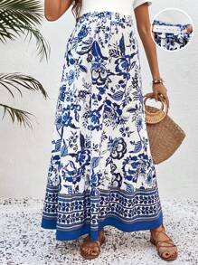 SHEIN Maternity Floral Print Adjustable Waist Long Skirt, Suitable For Vacation - Blue and White - View 3