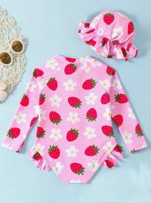 Young Girl Zipper Front Long Sleeve Simple One-Piece Swimsuit With Random Print - Multicolor - View 2