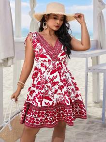 SHEIN VCAY Summer Beach Shoulders Tunnel Drawstring Plus Size Boho Striped & Flower Print Ruffle Hem Woman Dress, Beach Outfits For Woman Beach Vacation Outfits, Spring Outfits For Women, Summer Outfits For Women, Graphic Outfits Women, Concert Outfit Women, Rave Outfits Festival - Red - View 6
