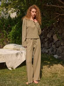 Ocili Ocili Conjunto de pijama/ropa de estar en casa de mujer con top corto de algodón 100% con textura de gofre sin hombros de manga corta, de ajuste holgado y cómodo
