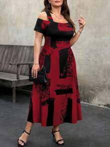 EMERY ROSE Plus Size Women Knit Slim Fit Long Printed Hollow Short Sleeve Square Neck Dress - Burgundy - View 6