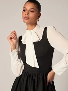 Glamine Vestido mini elegante con cuello de corbata y bloques de color