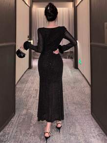 DAZY 亮片和仿珍珠装饰修身拼接透视网纱V领美人鱼礼服，女士舞会礼服，优雅秋季长袖连衣裙，奢华闪亮连衣裙，及地长裙 - 黑色 - 查看 6