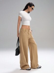 LYSMO Women's Solid Color Flap Pocket Loose Corduroy Pants - Khaki - View 4