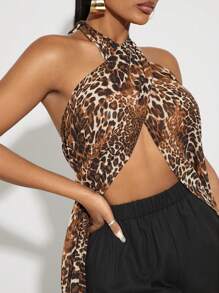 SHEIN SXY 2 pièces/Set Tenue bohème sexy dos nu : Top en mousseline de soie imprimé léopard ultra-long + Pantalon large en lin noir, convient pour les sorties décontractées et les trajets de bureau, printemps/été