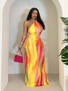 Veslaya Nuevo vestido de talla grande para vacaciones en la playa con espalda descubierta, cuello halter, estampado de teñido anudado y abertura lateral - Multicolor - Ver 3